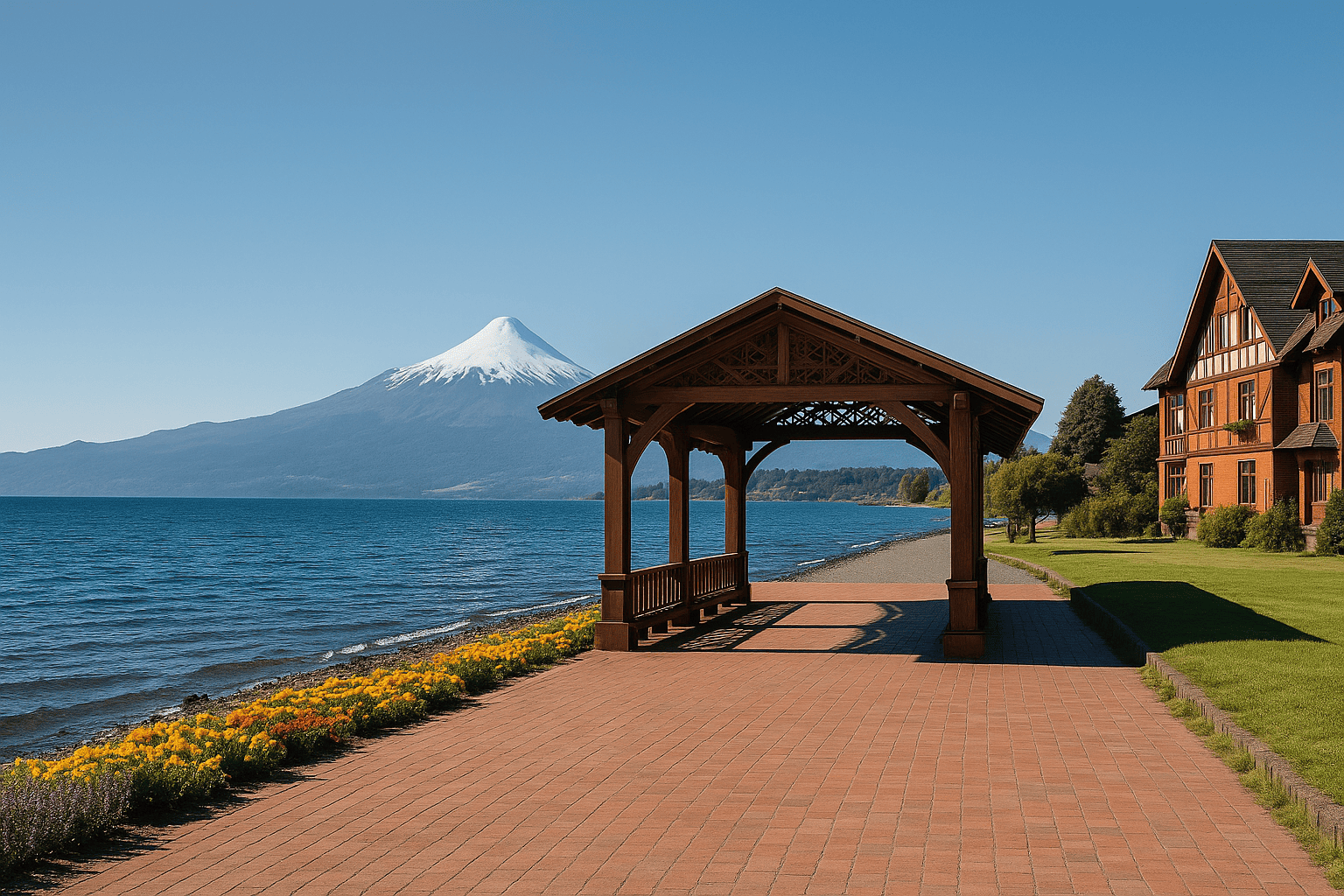 Vista panorámica del Lago Llanquihue desde Frutillar, con arquitectura tradicional alemana y el Volcán Osorno nevado al fondo, ícono del sur de Chile.